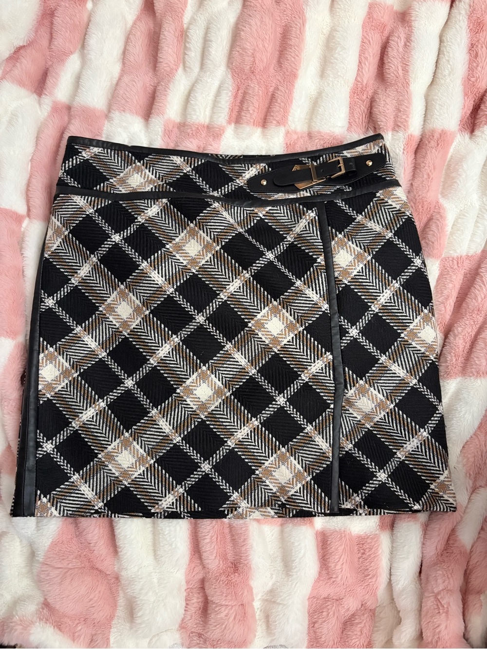 White House Black Market Black Plaid Mini Skirt with Belt Detail